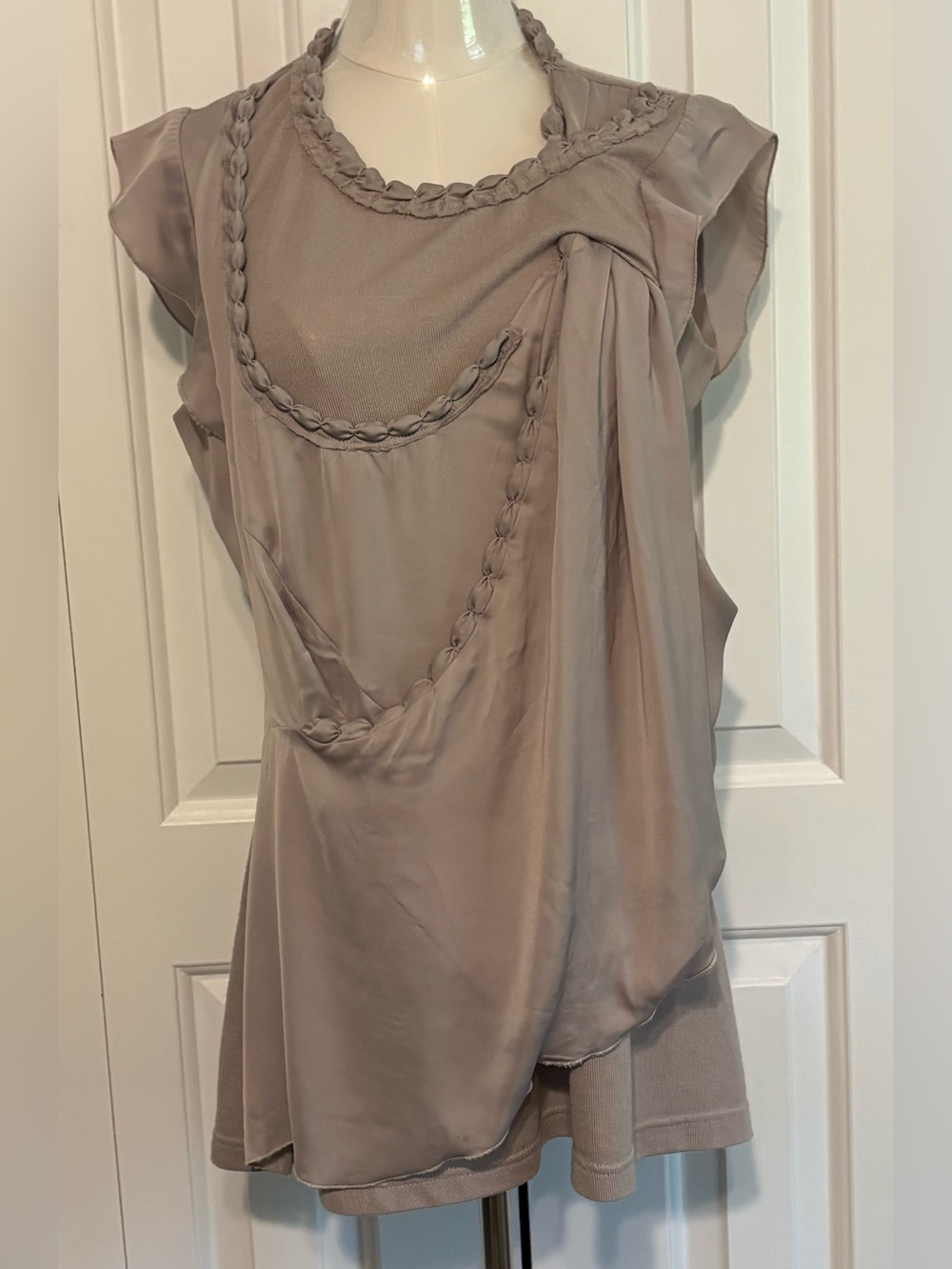 Beautifully Draped Women’s Taupe Sleeveless Top with Knotted Detail